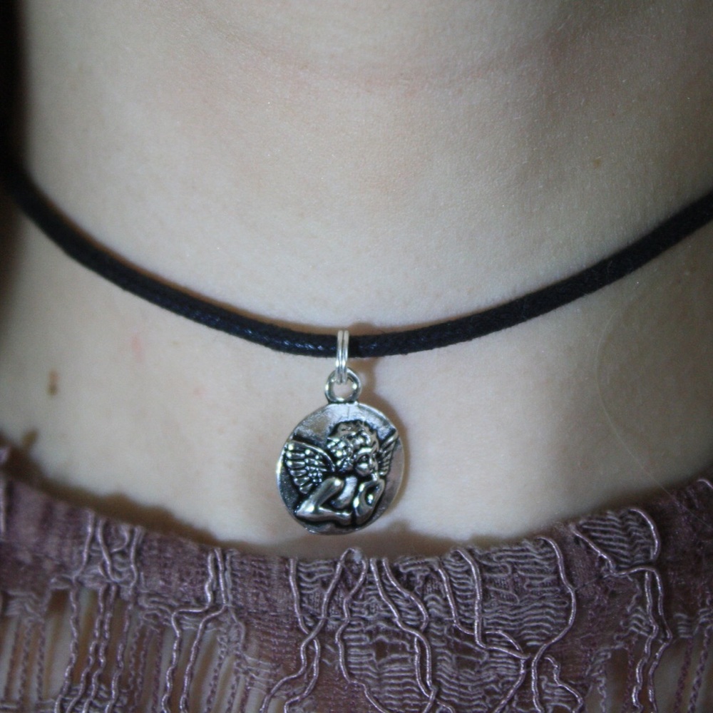 Silver Cherub Angel Charm Adjustable Cord Choker
